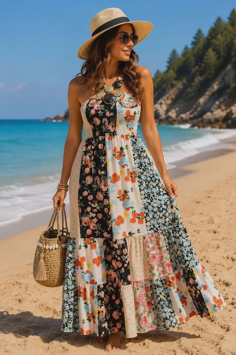 Sukienka maxi boho bez ramiączek patchwork w kwiaty beżowo czarna Quaglietta