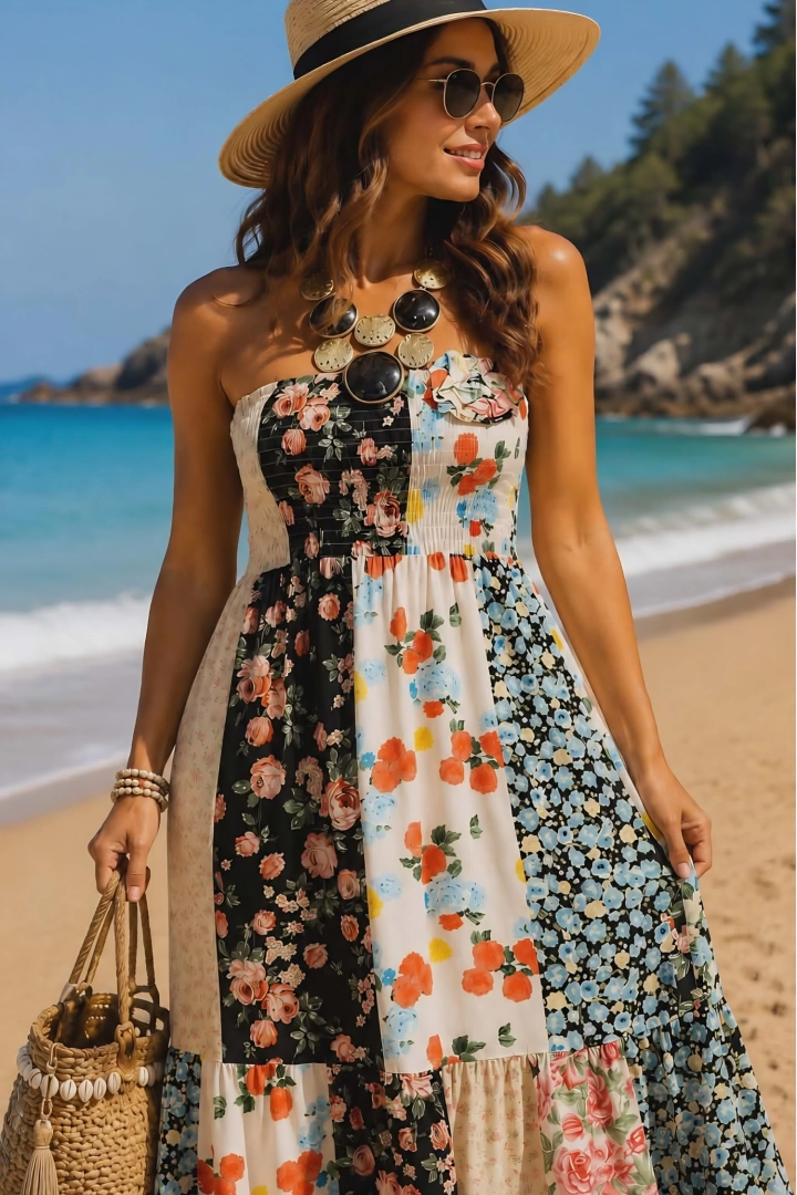 Beżowo czarna sukienka maxi patchwork w kwiaty bez ramiączek rozkloszowana Quaglietta