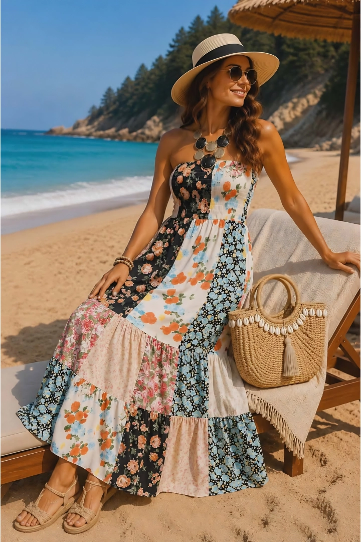 Sukienka damska maxi boho patchwork w kwiaty bez ramiączek Quaglietta