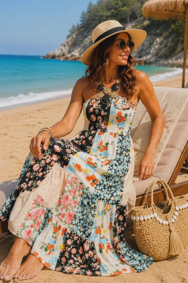 Sukienka maxi w kwiaty patchwork beżowa czarna bez ramiączek letnia Quaglietta