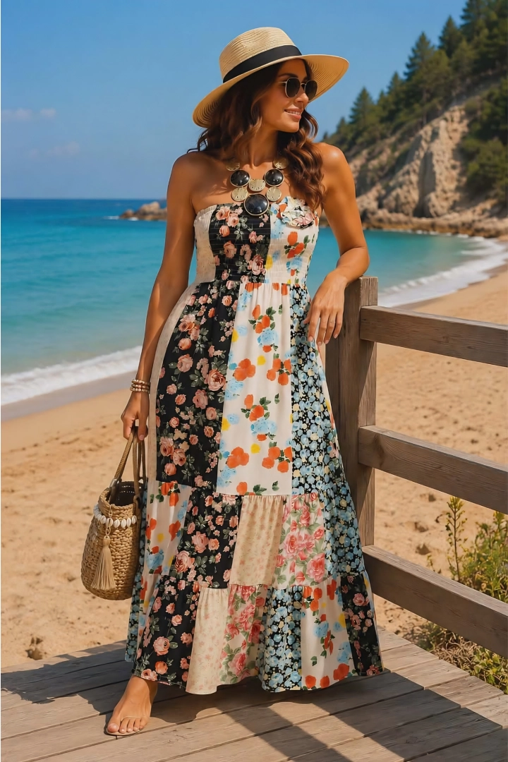 Rozkloszowana sukienka maxi boho patchwork w kwiaty beżowo czarna Quaglietta