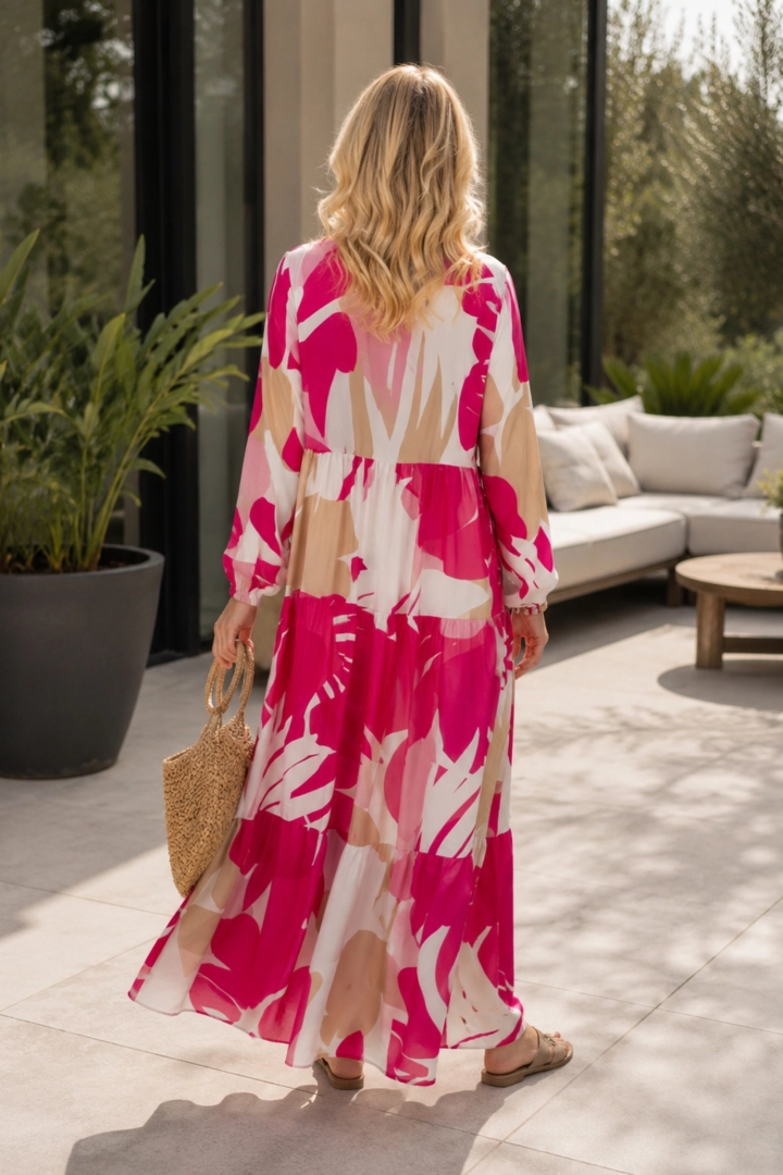 Sukienka damska jedwabna fuksjowa maxi oversize elegancka Casentino