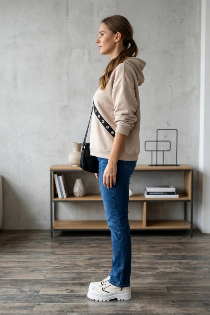 Bluza damska beżowa casual oversize z kapturem i detalami Corbellino