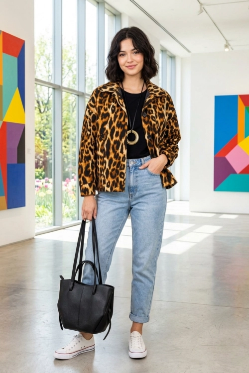 Kurtka oversize karmelowo czarna casual zapinana na guziki z kieszeniami kołnierzem print panterka Ucria
