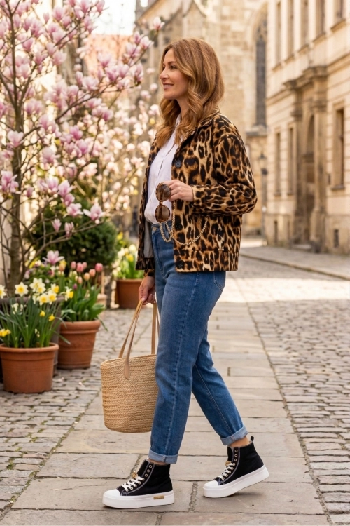 Kurtka oversize karmelowo czarna casual panterka z kieszeniami kołnierzem zapinana na guziki Ucria