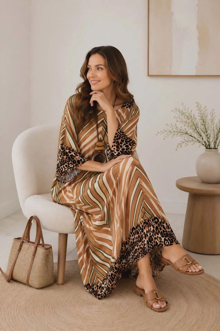 Sukienka maxi damska oversize camel z khaki w paski z printem Zorlesco