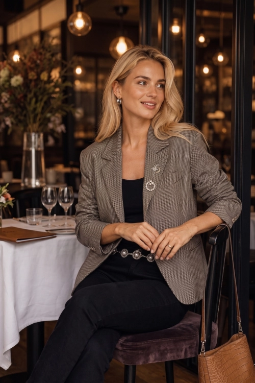 Marynarka damska w kratę oversize zapinana elegancka burgundowa Provezza