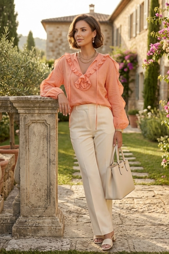 Bluzka damska lniana w kolorze peach fuzz oversize z falbankami i kwiatem 3D