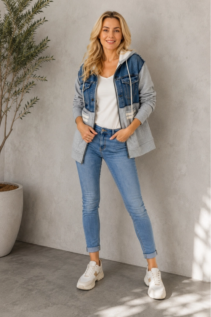Bluza damska szara oversize z kapturem i jeansowymi wstawkami zapinana na suwak Roversano