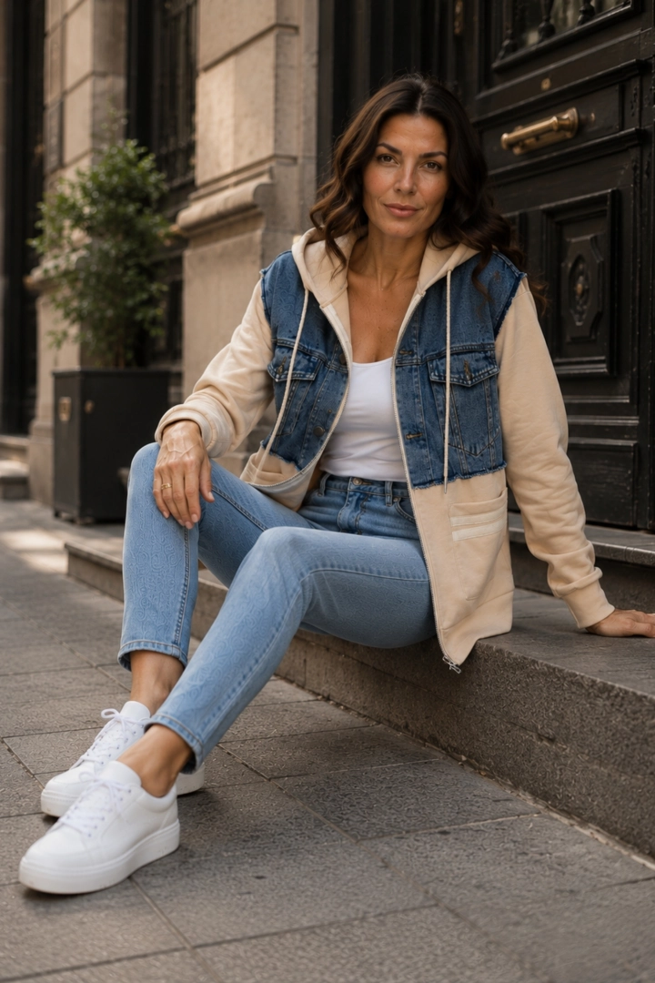 Bluza damska beżowa casual oversize z jeansowymi wstawkami i kapturem