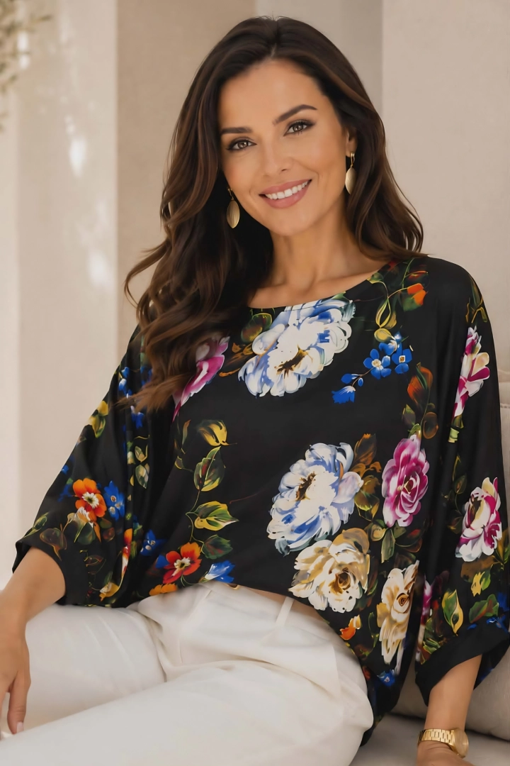 Bluzka damska elegancka czarna w kwiaty z szerokim rękawem Bedulita