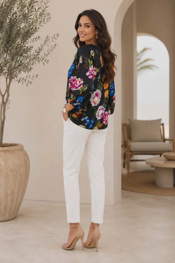 Bluzka damska czarna satynowa w kwiaty casual elegancka Bedulita