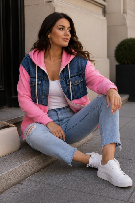 Bluza damska różowa oversize z kapturem i jeansowymi wstawkami Roversano