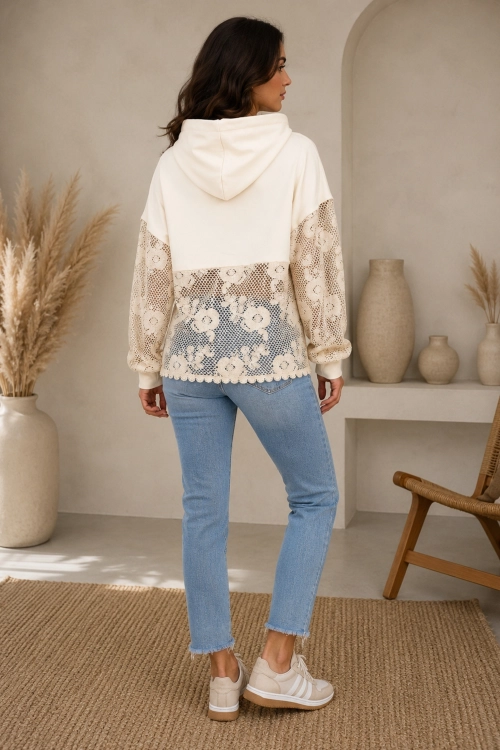 Bluza damska beżowa oversize z ażurową wstawką i kapturem styl casual Oriola