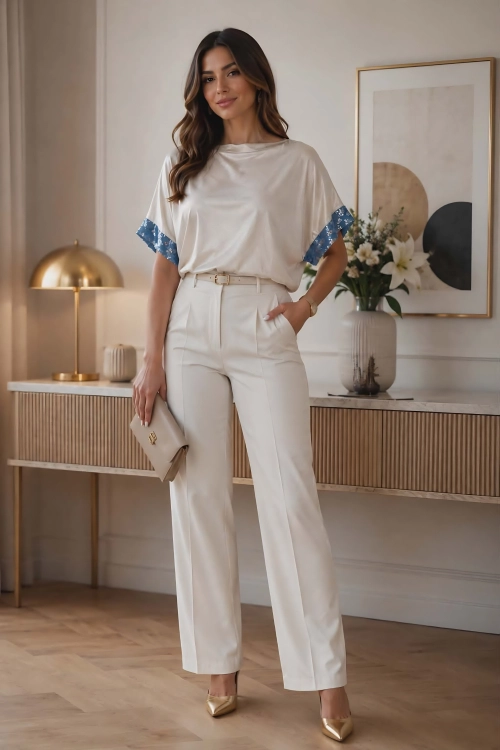 Bluzka damska elegancka beżowa oversize z krótkim rękawem i niebieską lamówką Montecodruzzo