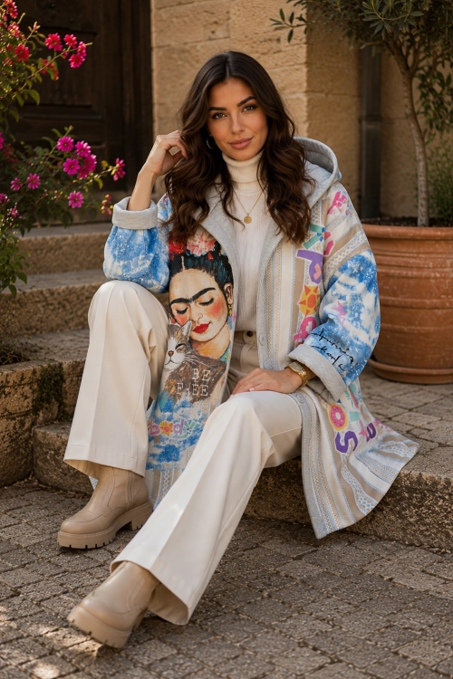Kurtka damska oversize beżowa z kapturem z ilustracją Frida Kahlo styl boho artystyczny Miciangolo