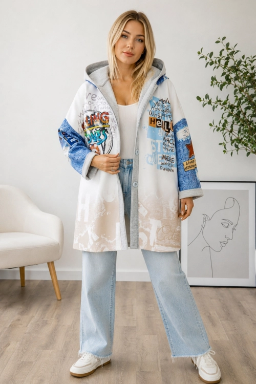 Kurtka damska oversize beżowo niebieska z kapturem w stylu rockowym Rolling Stones zapinana Miciangolo