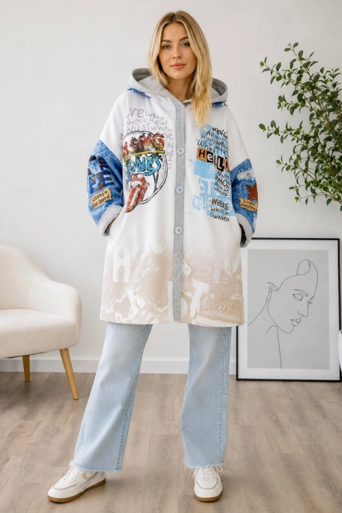 Kurtka damska oversize z kapturem beżowo niebieska w stylu Rolling Stones streetwear Miciangolo