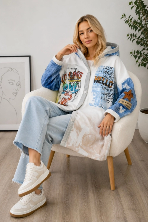Kurtka damska oversize z kapturem beżowa z motywem muzycznym rock vintage styl Miciangolo