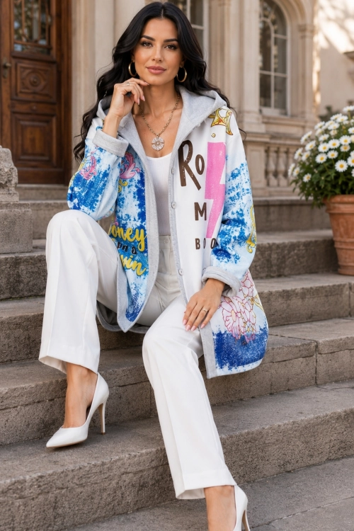 Kurtka damska oversize z kapturem beżowo niebieska z dynamicznym wzorem streetwear Miciangolo