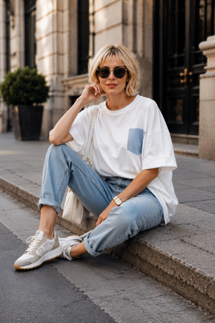 Biała bluzka damska oversize T-shirt z krótkim rękawem i ozdobną aplikacją z dżetami Nebbiano