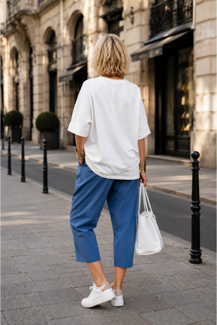 Bluzka damska T-shirt oversize biała z krótkim rękawem i niebieskim detalem z dżetami Nebbiano