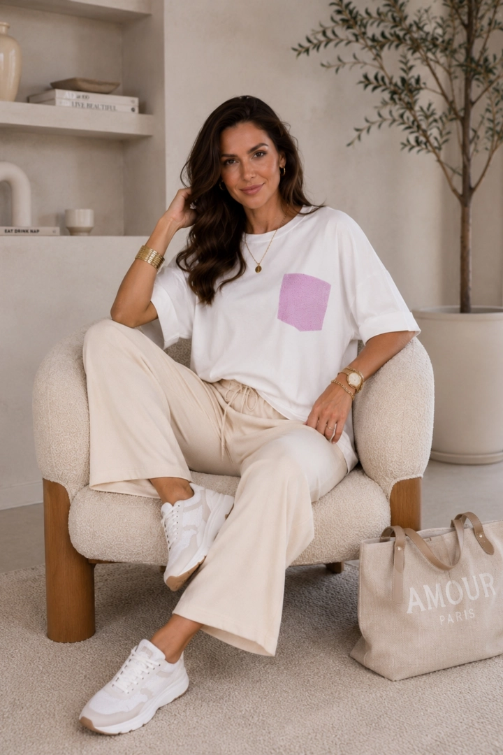 Biała bluzka damska oversize T-shirt z krótkim rękawem i ozdobną różową aplikacją z dżetami Nebbiano