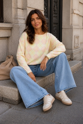 Bluzka damska żółto różowa w romby z okrągłym dekoltem Capizzone