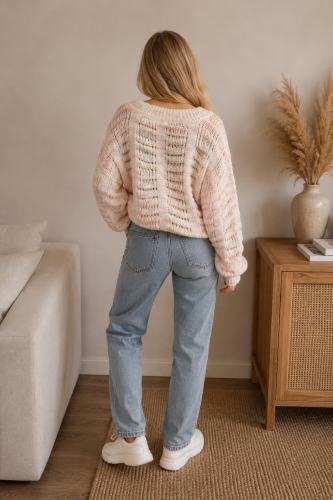 Sweter oversize damski pastelowy multikolor z dekoltem V lekki wiosenny Maregnano