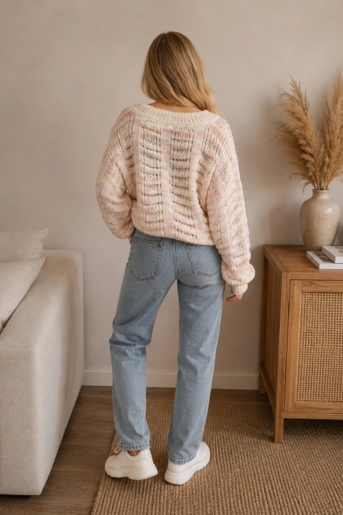 Sweter oversize damski pastelowy multikolor z dekoltem V lekki wiosenny Maregnano