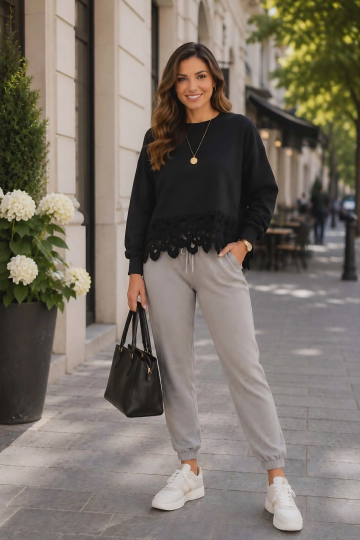 Bluza damska czarna oversize z bawełny z długim rękawem i ażurową wstawką u dołu Pianatelle