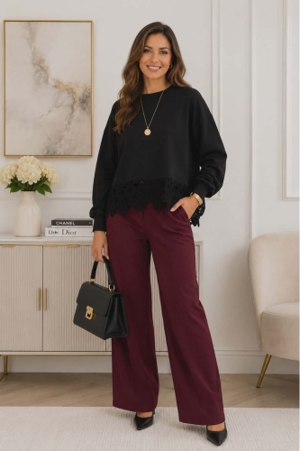 Bluza damska czarna bawełniana oversize z długim rękawem z ażurową wstawką na dole Pianatelle