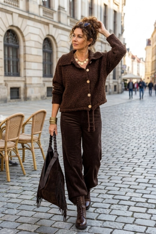Sweter damski brązowy kardigan na guziki z kołnierzem i ściągaczem casual Fonteno