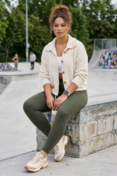 Sweter damski casual ecru z kołnierzem i guzikami kardigan oversize Fonteno