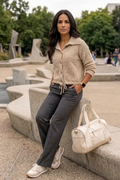 Sweter damski casual beżowy z kołnierzem i guzikami kardigan oversize Fonteno