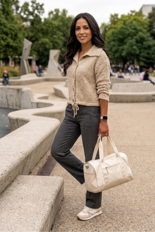Sweter damski cappuccino kardigan casual na guziki z kołnierzem Fonteno