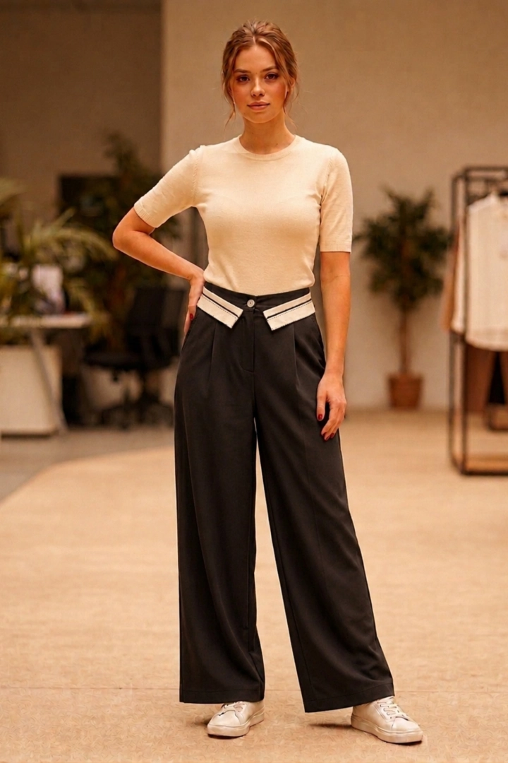 Spodnie damskie eleganckie czarne wide leg z wysokim stanem Carsoducci