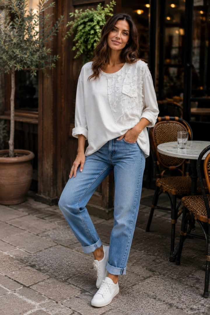 Bluza oversize damska biała ze strzępionym wykończeniem i imitacją kieszeni Gandosso