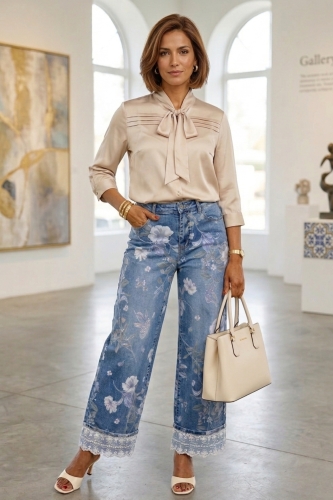 Spodnie wide leg jeansowe denim blue w kwiaty z koronką Gorlago