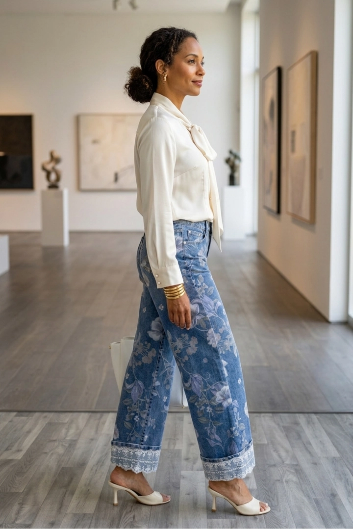 Jeansowe spodnie damskie wide leg w kwiatowy wzór i wysoki stan Gorlago