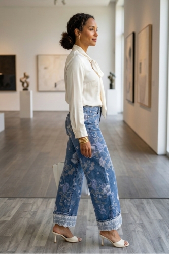 Jeansowe spodnie damskie wide leg w kwiatowy wzór i wysoki stan Gorlago