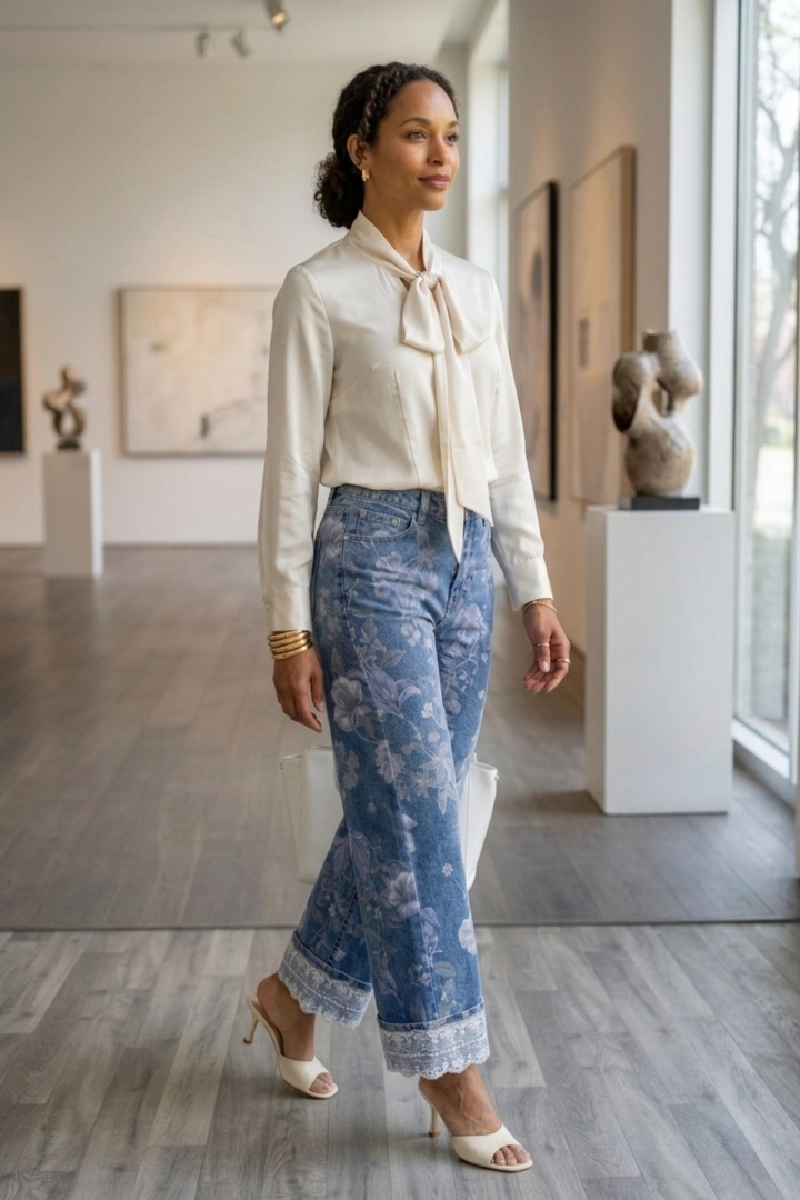 Spodnie denim blue z szeroką nogawką i koronkowym wykończeniem Gorlago