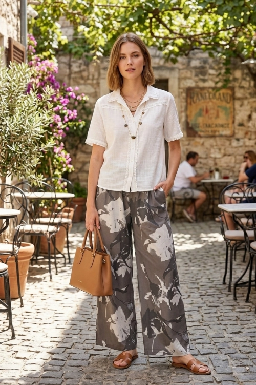 Spodnie wide leg khaki w kwiaty z wysokim stanem Lallio
