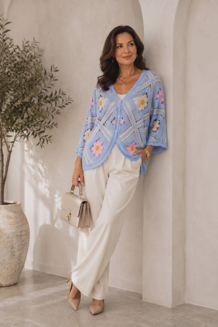 Narzutka kimono błękitna oversize z kwiatowym motywem Lovere