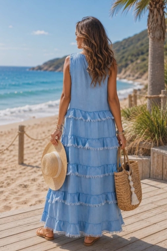 Jeansowa sukienka maxi denim blue z dekoltem V Pagazzano