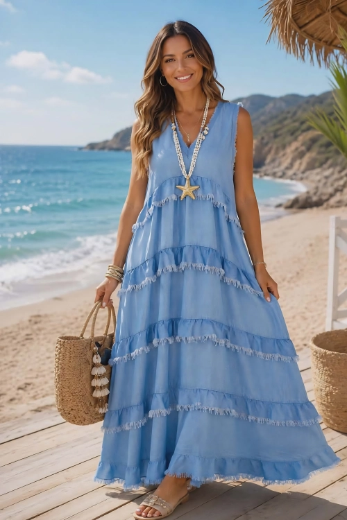 Sukienka maxi jeansowa denim blue z falbankami Pagazzano