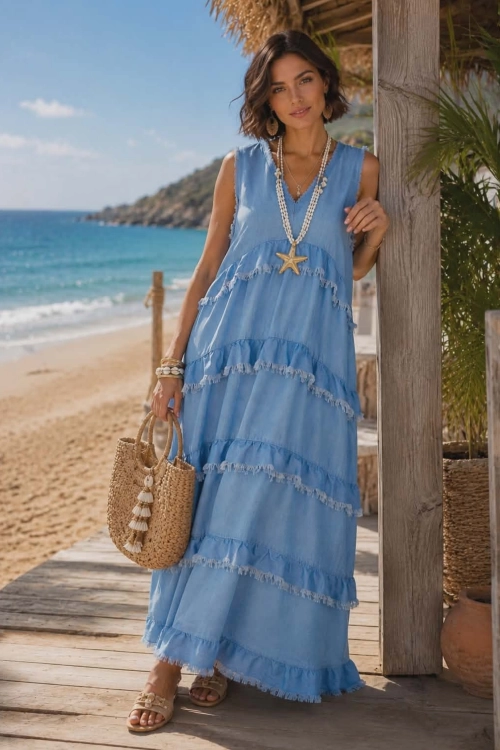 Sukienka denim blue maxi boho z dekoltem V Pagazzano
