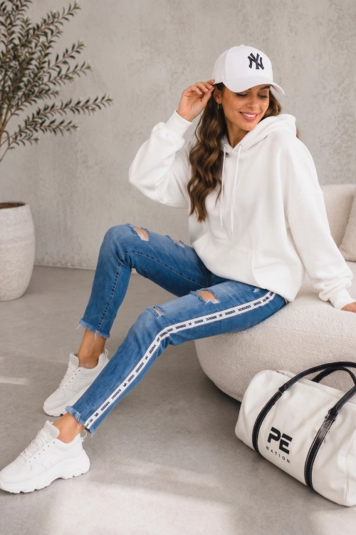 Spodnie jeansowe damskie denim blue skinny z lampasem i przetarciami Fichieri