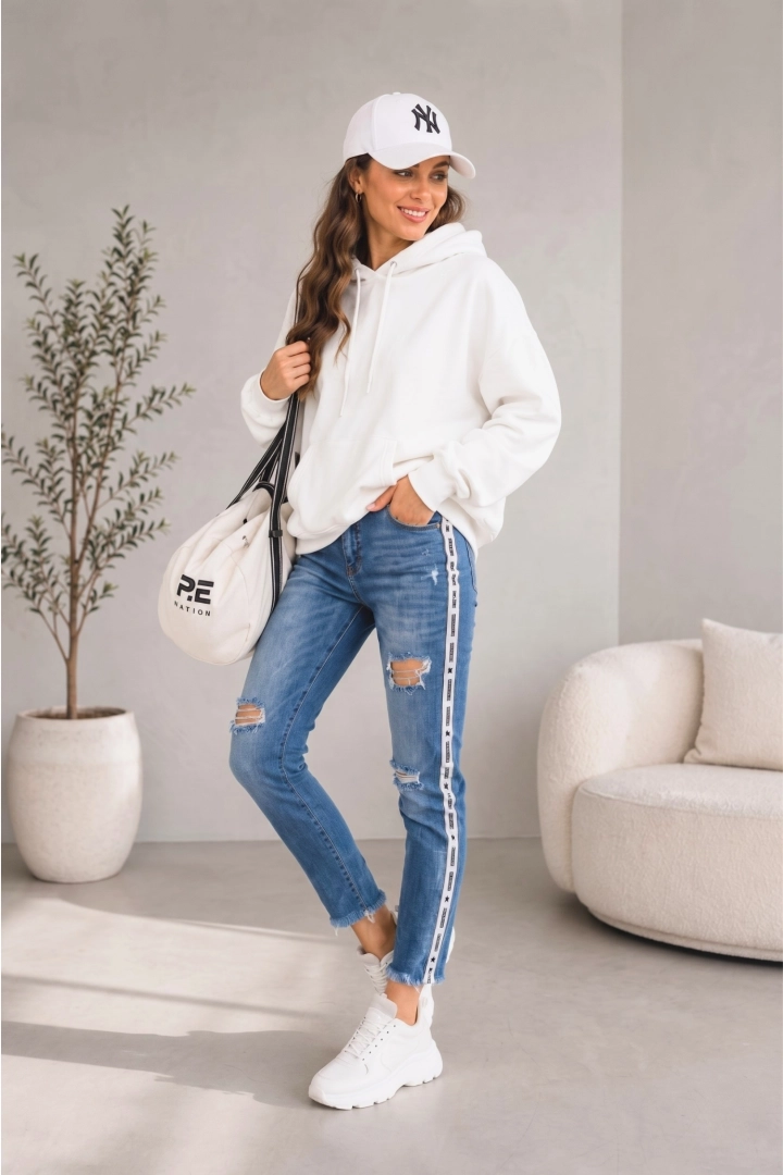 Spodnie damskie dopasowane skinny jeans niebieskie z lampasem Fichieri