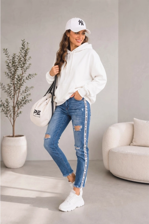 Spodnie damskie dopasowane skinny jeans niebieskie z lampasem Fichieri